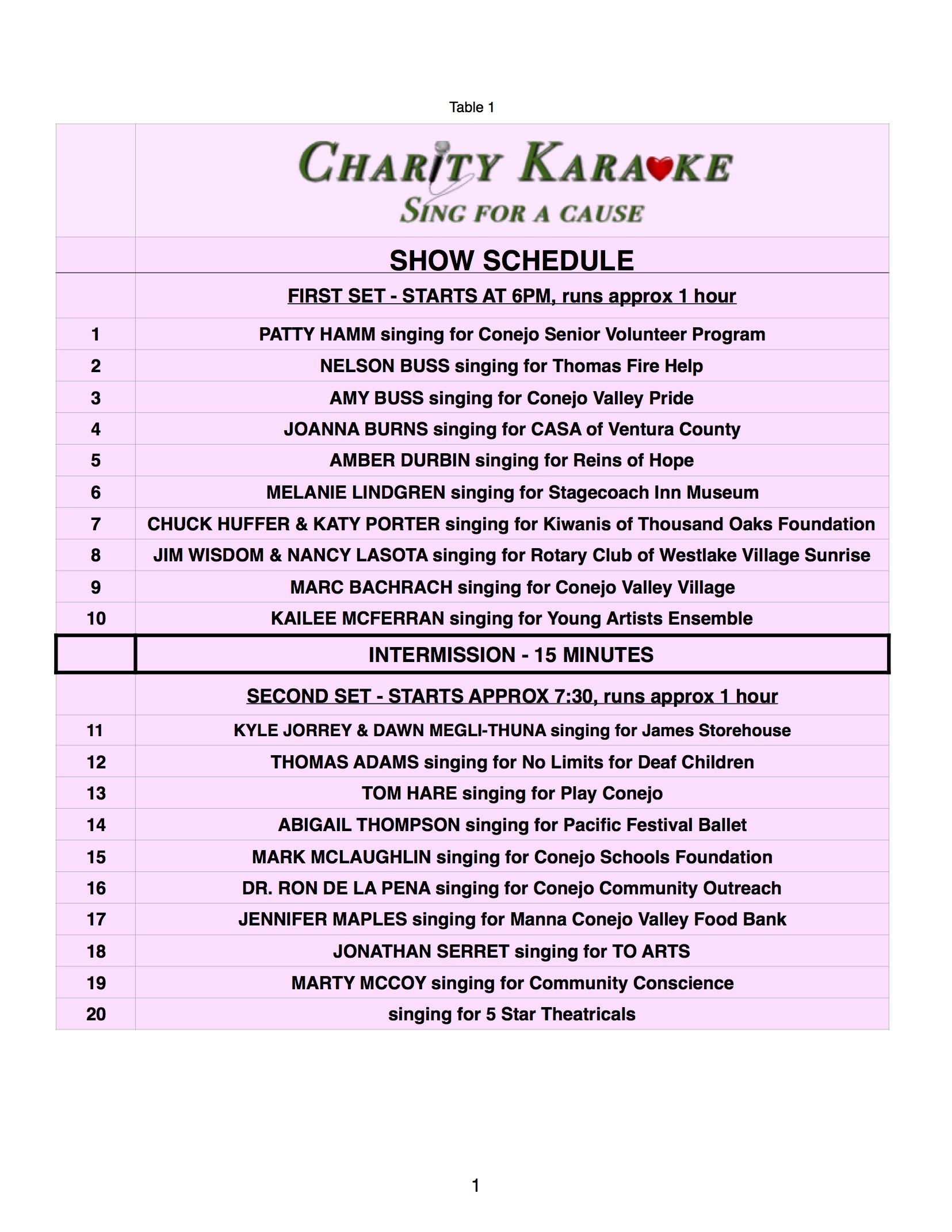 Charity Karaoke Show Schedule